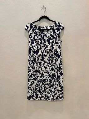 Navy and White Printed Cap-Sleeve Sheath Dress